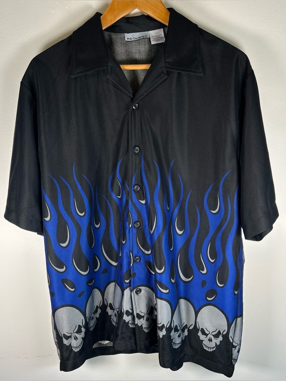 Vintage Y2K Request Brand Button Down Shirt Size L Blue Flames Skulls Mesh EUC